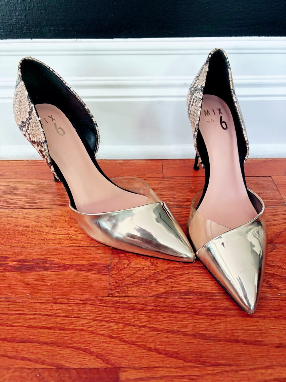 Mix No. 6 Gold Metallic Pointed-Toe D'Orsay Heels with Snake-Print Heel
